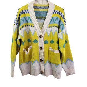 2X Yellow Cream Blue Geometric V-Neck Button Knit Cardigan Sweater w/Pockets